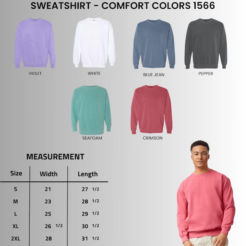 Puede incluir: Una selecci&oacute;n de sudaderas Comfort Colors 1566 en varios colores, incluyendo violeta, blanco, azul vaquero, pimienta, espuma de mar y carmes&iacute;. La imagen tambi&eacute;n muestra una tabla de medidas con tallas de la S a la 2XL, con anchos de 53 cm a 71 cm y largos de 70 cm a 80 cm.