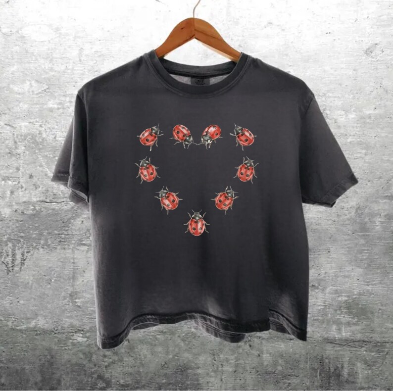 May include: A charcoal gray short-sleeve t-shirt featuring a graphic print of seven red ladybugs with black spots arranged in the shape of a heart on the center of the chest. The shirt has a crew neckline and a standard fit with hemmed sleeves.