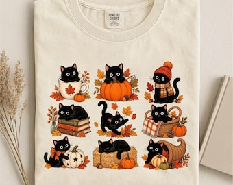 Comfort Colors Black Cat Shirt,Fall Cat T-Shirt, Autumn Kitty Tee, Cozy Pumpkin Cat Shirt, Vintage Halloween Cat Long Sleeve, Cat Lover Gift