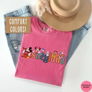 May include: A pink t-shirt with the word "Disneyland" in colorful letters and cartoon characters. The shirt is folded on top of blue jeans, with a tan hat and dried flowers in the background. The text "Comfort Colors!" is in a brown box.