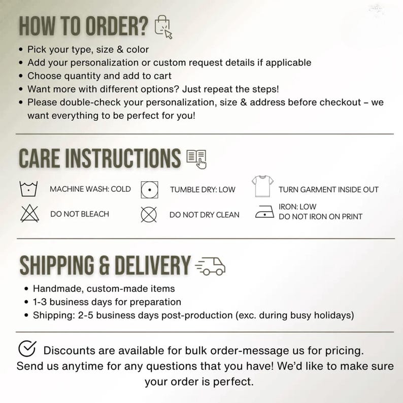 May include: A white informational graphic with text detailing how to order, care instructions, and shipping information. The text includes instructions for ordering, washing, and delivery times for handmade items.