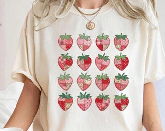 Faux Patchwork Strawberry T-Shirt,Comfort Colors Cottagecore Tee,Vintage Summer Berries Shirt,Cute Fruit Graphic Tee,Farmcore Aesthetic Gift