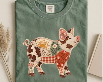 Faux Patchwork Pig Shirt, Boho Farm Animal Tee, Floral Pig Comfort Colors T-Shirt, Rustic Country Farm Shirt, Cute Pig Lover Gift