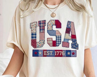 Comfort Colors© USA Shirt, Floral America Shirt, Fourth of July Shirt,Patriotic Women Shirt,1776 Shirt,Faux Patchwork USA Shirt