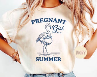 Comfort Colors®Pregnant Girl Summer T-Shirt, Summer Flamingo T-Shirt, Cute Pregnancy Gift, Beach Vacation Tee, Funny Announcement Tee
