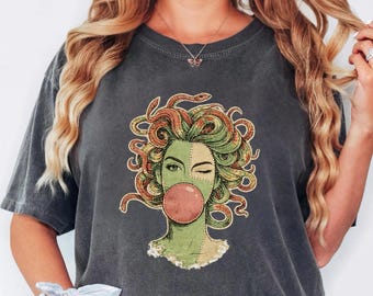 Comfort Colors® Mythological Snake Hair Goddess Tee, Medusa Bubblegum Graphic Tee, Women Empowerment Medusa T-shirt, Faux Patchwork Medusa