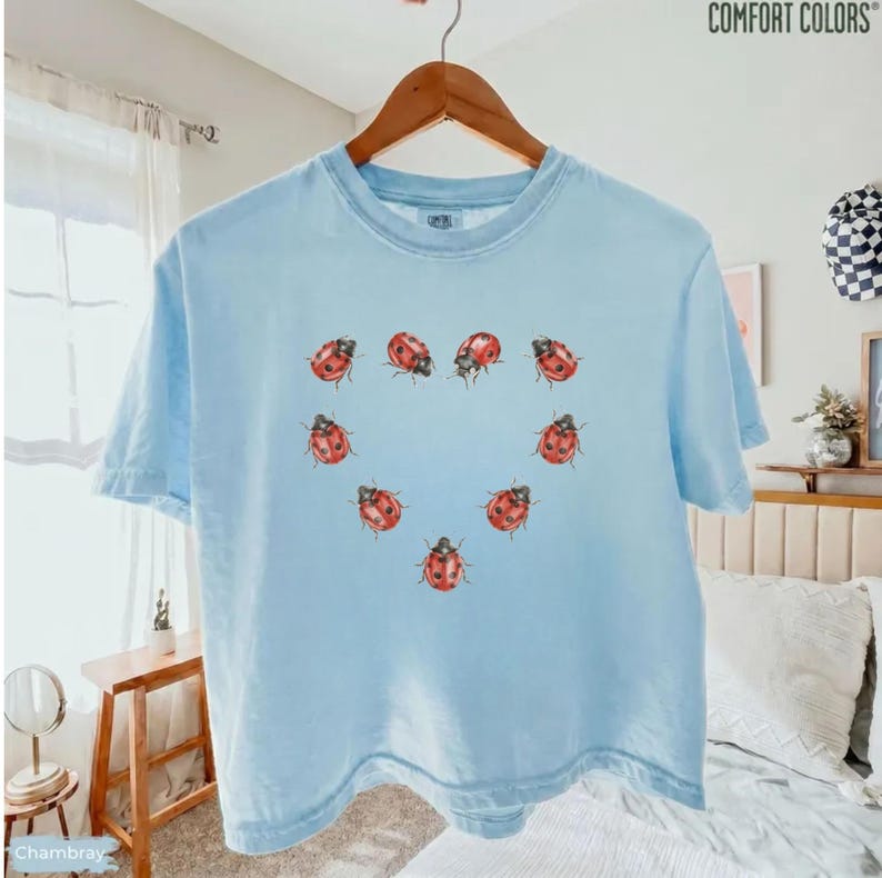 May include: A light blue short-sleeve t-shirt featuring a graphic print of red ladybugs arranged in the shape of a heart on the front. The shirt has a crew neckline and is displayed on a wooden hanger with the Comfort Colors brand label visible.