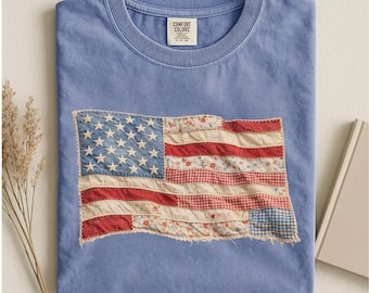 Comfort Colors® Retro American Flag Shirt, Faux Patchwork USA Tee, 4th of July Shirt, Patriotic Graphic Shirt, Fourth of July Shirt