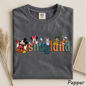 May include: A dark gray t-shirt featuring the word "Disneyland" in colorful letters with Mickey Mouse, Minnie Mouse, Donald Duck, Daisy Duck, Pluto, and Goofy. The shirt is made of a soft material and has a classic crew neck.