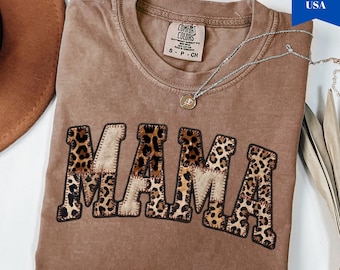 Comfort Colors®Faux Leopard Mama Shirt,Mama Patchwork Shirt,Mothers Day gift,New Mama gift,Funny Mom gift,Mama Shirt,Pregnancy Announcement