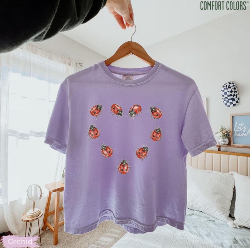 May include: A light purple short-sleeve t-shirt featuring a graphic print of red ladybugs arranged in a heart shape on the front. The shirt has a crew neckline and is displayed on a wooden hanger against a bright, indoor setting.