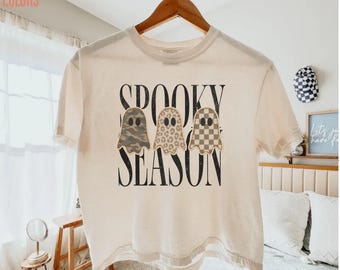 Comfort Colors Spooky Season Ghost Boxy Tee, Neutral Halloween Graphic Shirt,Leopard Camo Checkered Ghost Tee, Trendy Fall Halloween T-Shirt