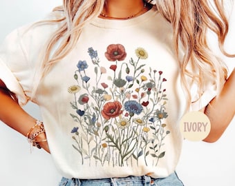 Comfort Colors® Vintage Pressed Flowers Shirt, Boho Cottagecore Tshirt Botanical Floral Tee Wildflowers Sweatshirt,Gift For Gardener Nature