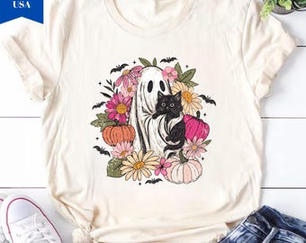 Vintage Floral Ghost Cat Halloween Shirt: Spooky Season Tee