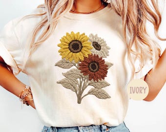 Sunflower Shirt, Comfort Colors Vintage Flowers Tshirt, Summer Wildflower Shirt, Botanical Shirt, Aesthetic Nature Graphic (Not Real Yarn)