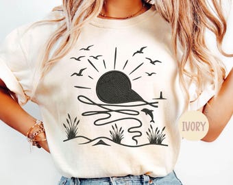 Comfort Colors Sun Ocean Shirt - Linear Graphic Boho Summer T Shirt - Trendy Beach Tee - Cute Minimalist Summer Tee, Print Only — Not a Yarn