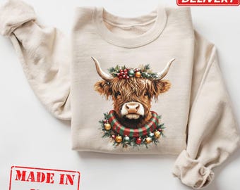 Weihnachtskuh Sweatshirt, Highland Kuh Lichter Pullover, süßes Kuh Liebhaber Shirt, Frauen Weihnachten Rundhalsausschnitt, Bauernhof Urlaub Geschenk, Weihnachtsgeschenk