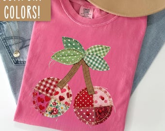 Cherry Shirt,Faux Patchwork Quilted Farmhouse Cherry Tee,Rustic Gingham Floral Cottagecore Aesthetic,Vintage Print Comfort Color Shirt