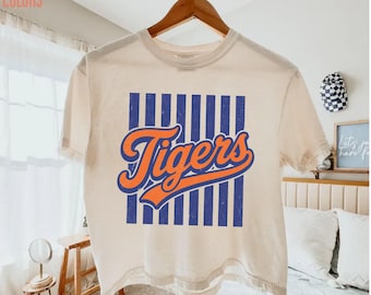 Comfort Colors® Tigers Boxy Tee, Retro Game Day Custom Shirt, Blue Orange Striped Team Tee, Collegiate Mascot Crop Top, Sports Fan Shirt