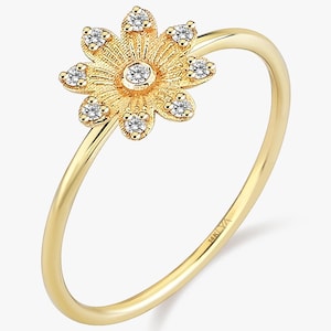 Real Gold  Flower Ring, Gold Open Flower Ring, Unique Design Flashy Floral Ring, Bridal Gift Ideas, Leaf Flower Branch Ring