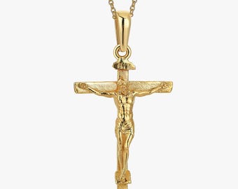 Real Gold Crucifix Necklace, Minimalist Cross Pendant, Christmas Christian Gift for Women