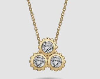 Real Gold Bezel Necklace, Dainty Trio CZ Diamond Layering Pendant, Gift for Her