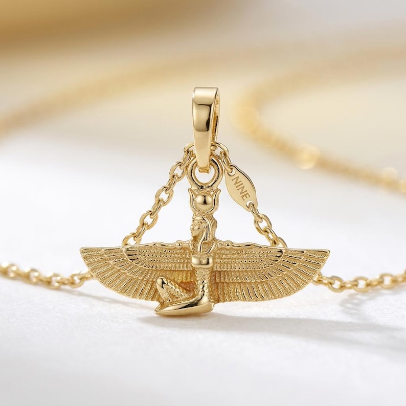 Real Gold Isis Pendant Necklace, Minimalist Egyptian Goddess Amulet, Spiritual Gift for Daughter, Gold Charm Necklace, 10K Gold Necklace image 4