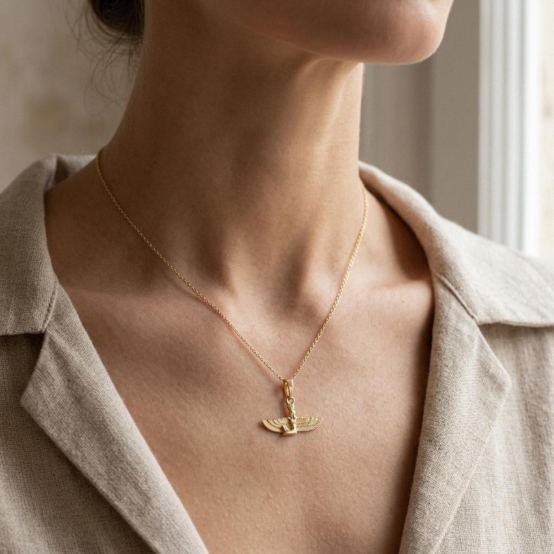 Real Gold Isis Pendant Necklace, Minimalist Egyptian Goddess Amulet, Spiritual Gift for Daughter, Gold Charm Necklace, 10K Gold Necklace image 7