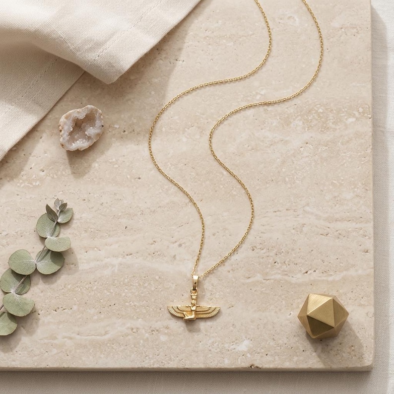 Real Gold Isis Pendant Necklace, Minimalist Egyptian Goddess Amulet, Spiritual Gift for Daughter, Gold Charm Necklace, 10K Gold Necklace image 2