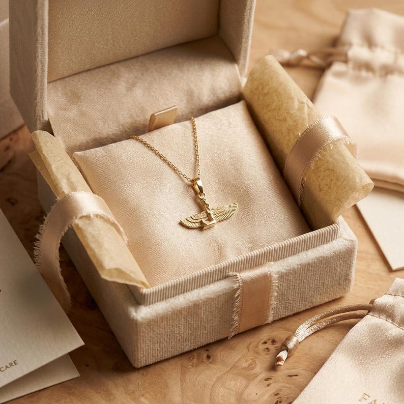 Real Gold Isis Pendant Necklace, Minimalist Egyptian Goddess Amulet, Spiritual Gift for Daughter, Gold Charm Necklace, 10K Gold Necklace image 9