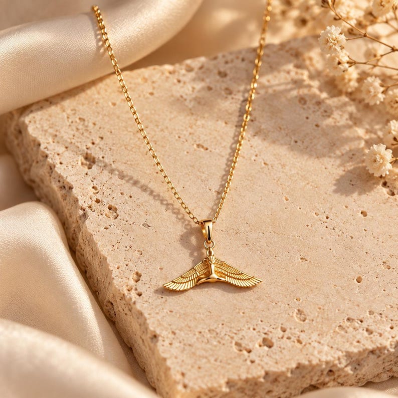Real Gold Goddess Isis Necklace, Egyptian Mythology Pendant, 14K Gold Necklace, Dainty Gold Necklace, Memorial Necklace image 1