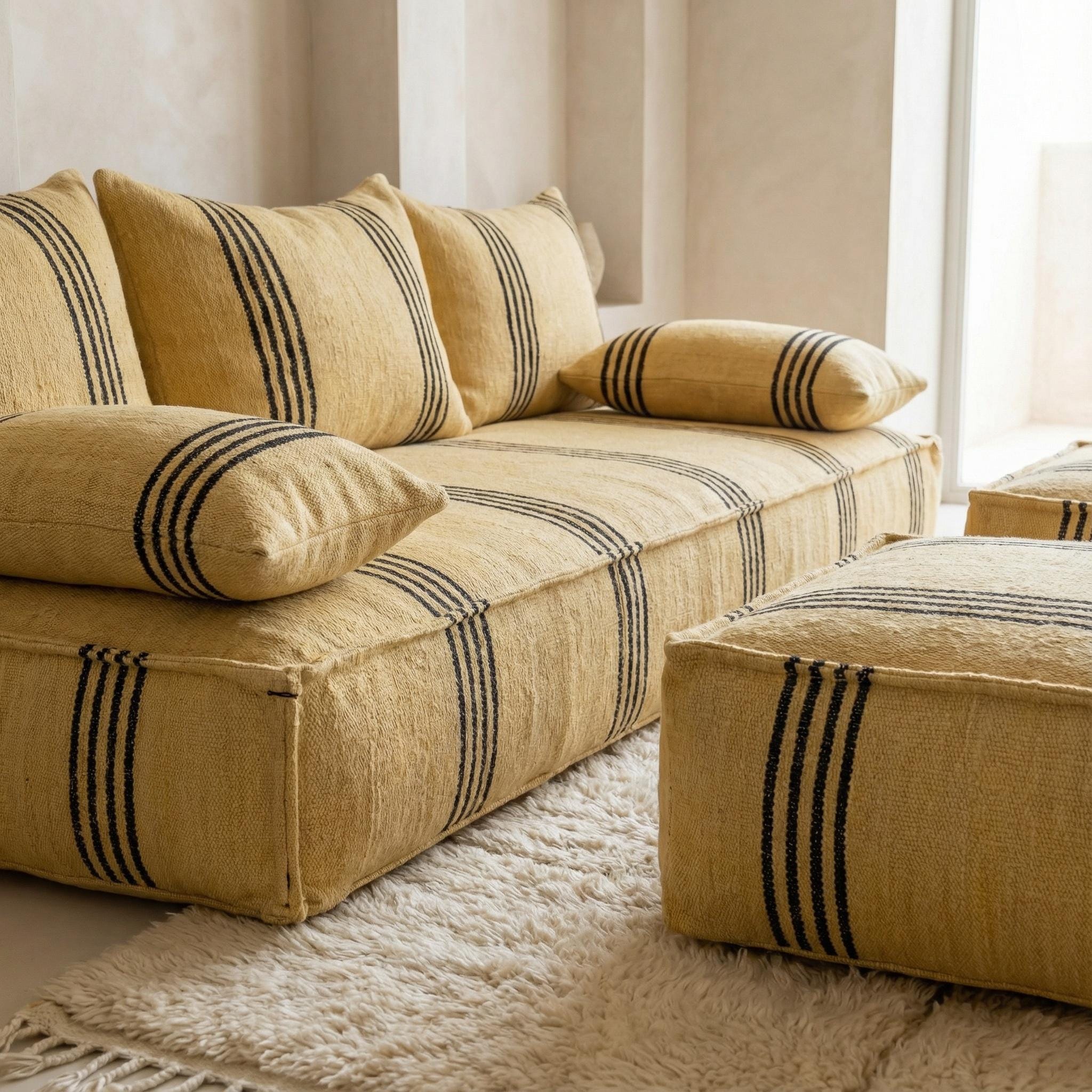 Handmade Beni Ourain Loveseat, Moroccan Wool Floor Sofa Bed, Large ...