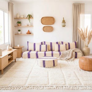 berber custom couch covers, brown and white floor sofa, moroccan wool togo sofa, handmade beni ourain loveseat, large arabic majlis sofa