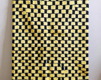 Moroccan rug checkered yellow, sheepskin beni ourain rug, black morrocan rug, traditional custom area carpet, berber grid handmade rug