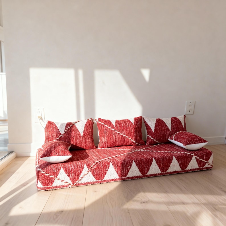 Handmade Moroccan Wool Floor Sofa Bed, Red Beni Ourain Majlis Couch ...