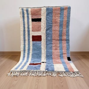 White Moroccan rug boho, abstract custom rug, blue area rug brown, sheepskin handmade rug, berber beni ourain rug, mid century modern rug