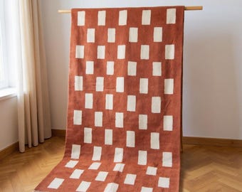Orange moroccan rug checkered, abstract beni ourain rug, mid century modern rug, berber custom rug, peach area rug, sheepskin handmade rug