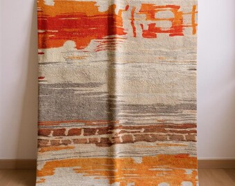 Tappeto marocchino arancione colorato, tappeto estetico color pesca, tappeto in pelle di pecora fatto a mano, grazioso tappeto moderno Beni Ourain, tappeto berbero astratto personalizzato