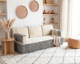 Moroccan wool floor sofa, abstract boujaad togo sofa, handmade beni ourain loveseat, large arabic majlis sofa, berber custom couch covers