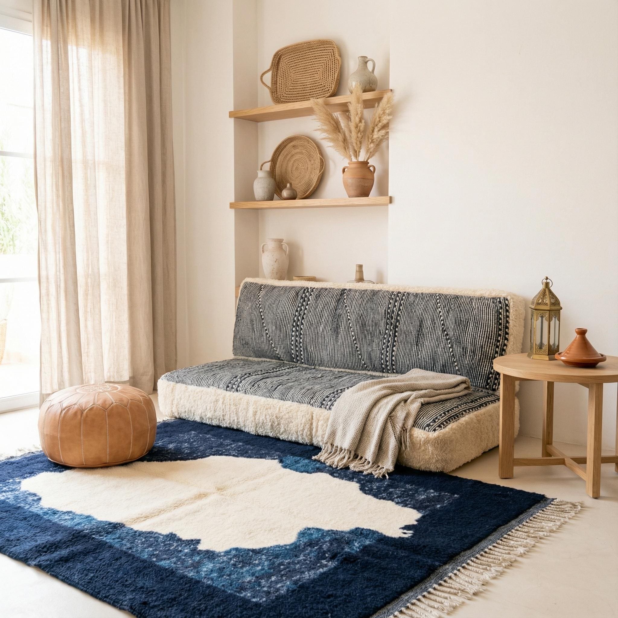 Moroccan Wool Floor Couch, Handknotted Boujaad Loveseat, Abstract