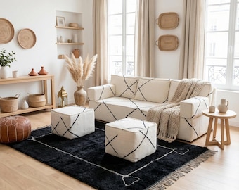 Moroccan wool floor sofa bed, handmade beni ourain loveseat, large arabic majlis sofa, white striped togo sofa, berber custom couch