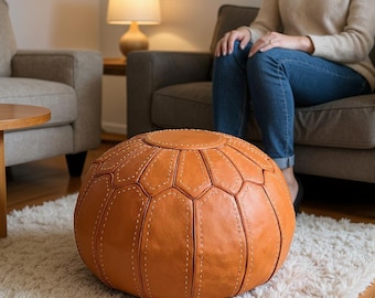 Footstool pouf leather, moroccan pouffe ottoman, outdoor floor cushion, brown outdoor furniture, custom birthday gift, meditation cushion