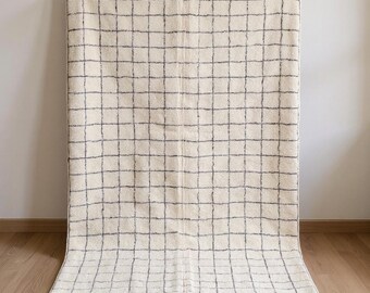 White Moroccan rug checkered, sheepskin beni ourain rug, grid morrocan rug, traditional custom rug, art deco area rug, berber handmade rug
