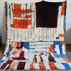 Aesthetic white moroccan rug colorful, amazing blue area rug, sheepskin handmade rug, large modern beni ourain rug, Orange berber custom rug