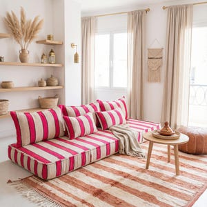 Moroccan wool floor sofa bed, handmade beni ourain loveseat, large arabic majlis sofa, white striped togo sofa, berber custom couch covers