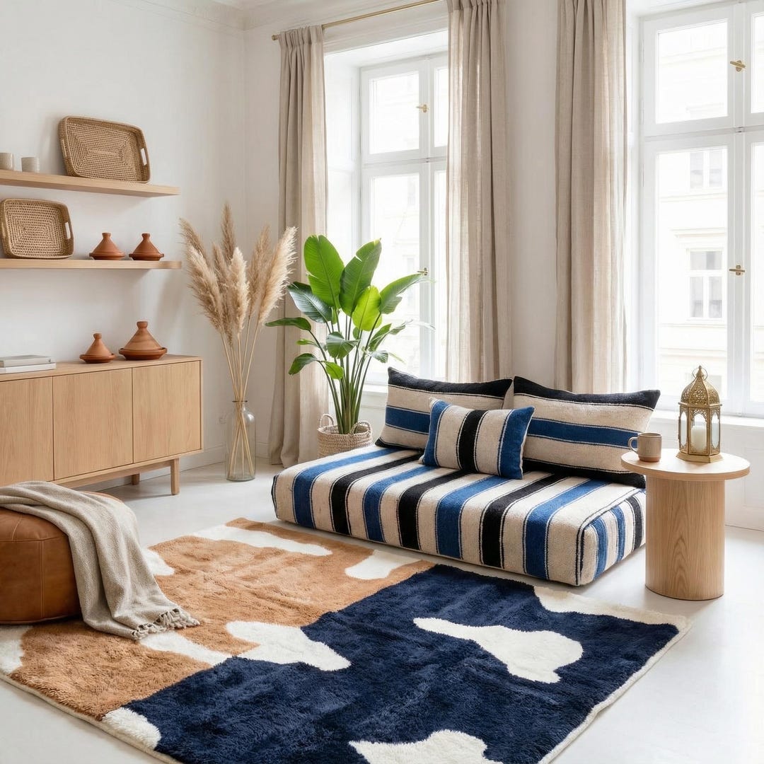 Moroccan Wool Floor Sofa Bed, Handmade Beni Ourain Loveseat, Large ...