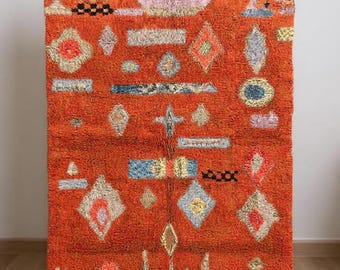 Tappeto marocchino arancione boho, tappeto geometrico astratto, tappeto personalizzato annodato a mano, tappeto color pesca, tappeto berbero fatto a mano, tappeto Beni Ourain in pelle di pecora
