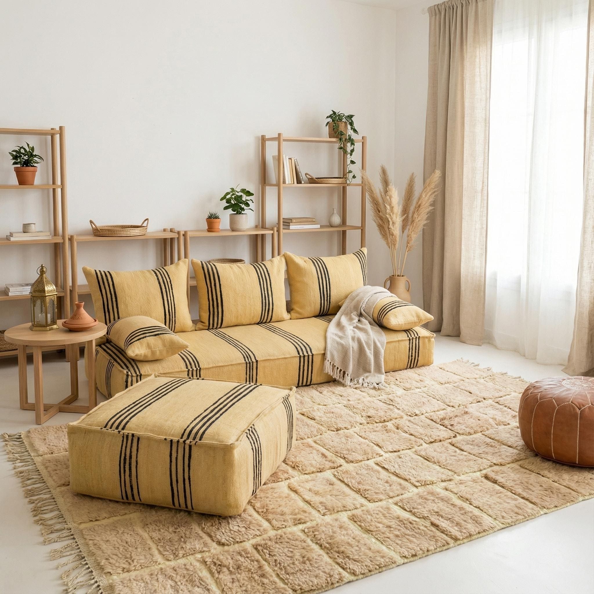 Handmade Beni Ourain Loveseat, Moroccan Wool Floor Sofa Bed, Large ...