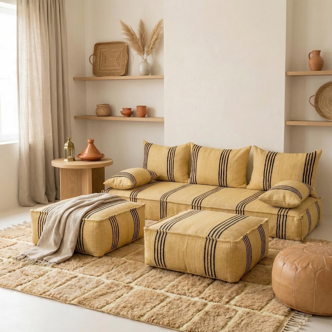 Handmade Beni Ourain Loveseat, Moroccan Wool Floor Sofa Bed, Large ...