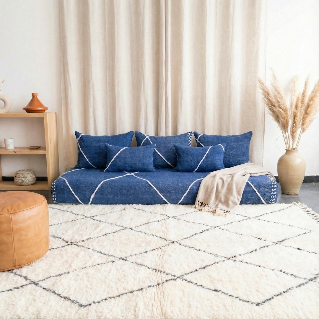 Moroccan Wool Floor Sofa Bed, Handmade Beni Ourain Loveseat, Large ...